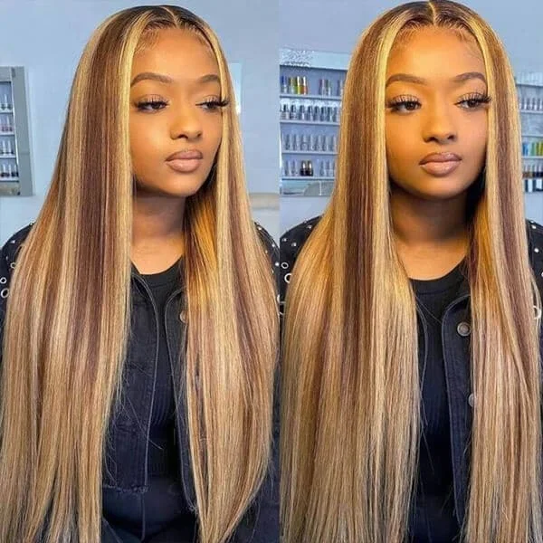 Transparent 360 Lace Frontal Wig 4/27 Highlights Straight Wig Honey Blonde Colored Hair
