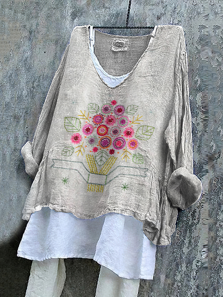 Women's Lovely Bee Art Print Casual Linen V-neck Shirt main image 1