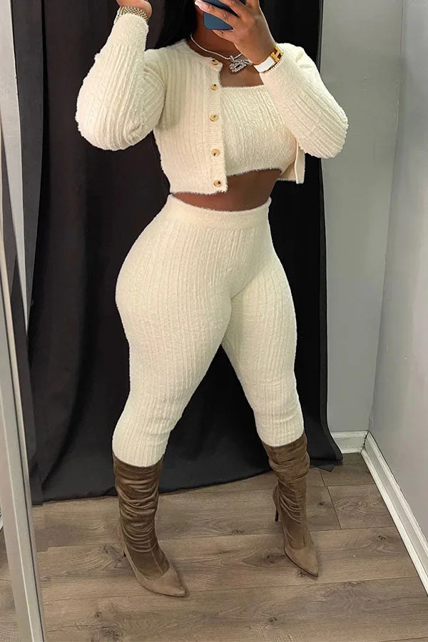 Solid Color Simple Bodycon Knitted Pant Suit (Three Pieces)