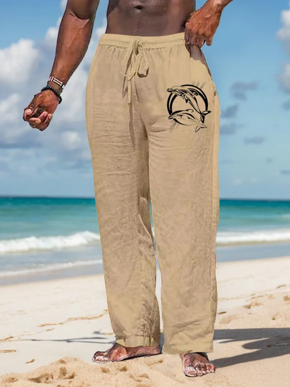 Suitmens Men's Dolphins dancing pattern Cotton And Linen Trousers