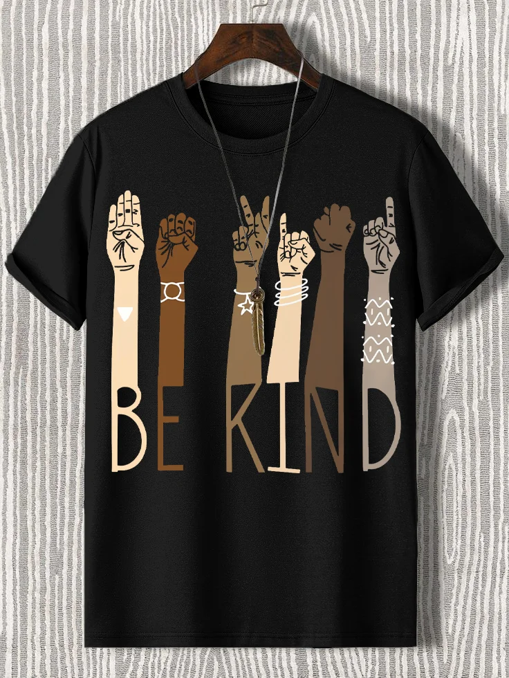 Men's Be Kind Hand Sign Print Cotton Casual T-Shirt