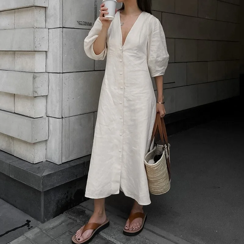 Cotton and Linen Shirt Dress Women Summer Sexy Backless Loose Long Dress Female Casual Bubble Sleeve Single Breasted Midi Dress