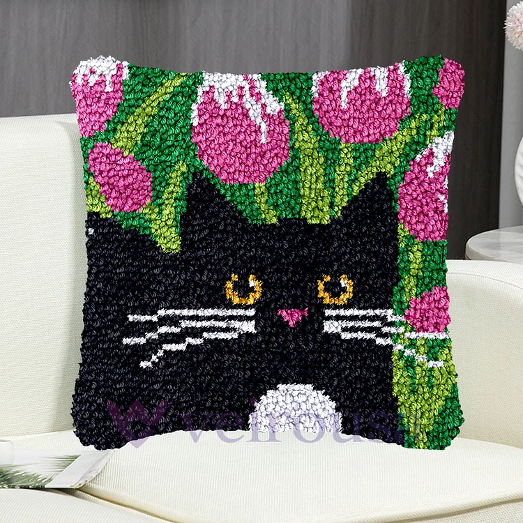Tulips and Black Cat Pillowcase Latch Hook Kit for Adult, Beginner and Kid veirousa