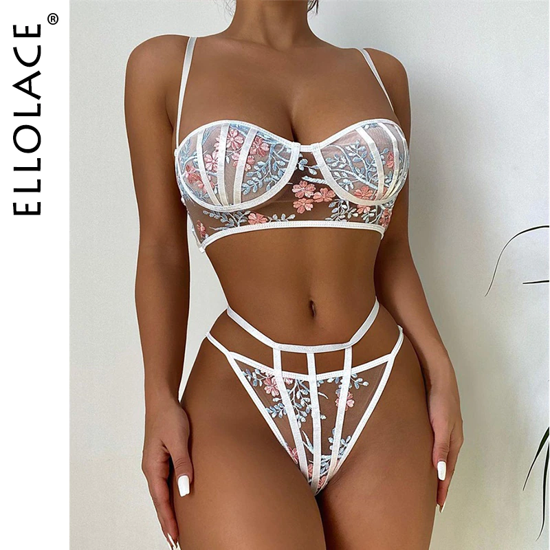 Uaang Ellolace Sexy Lingerie Set Women Floral Embroidery Bra Brief Sets