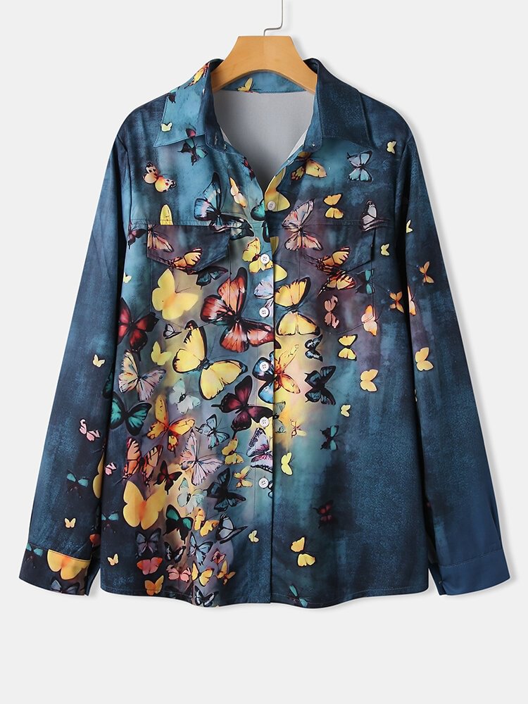 Butterflies Print Long Sleeve Lapel Shirt For Women P1779109