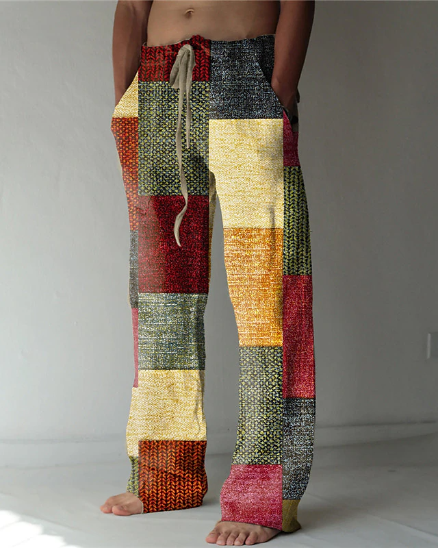 Suitmens Men's Ethnic Plaid Cotton Linen Trousers 09
