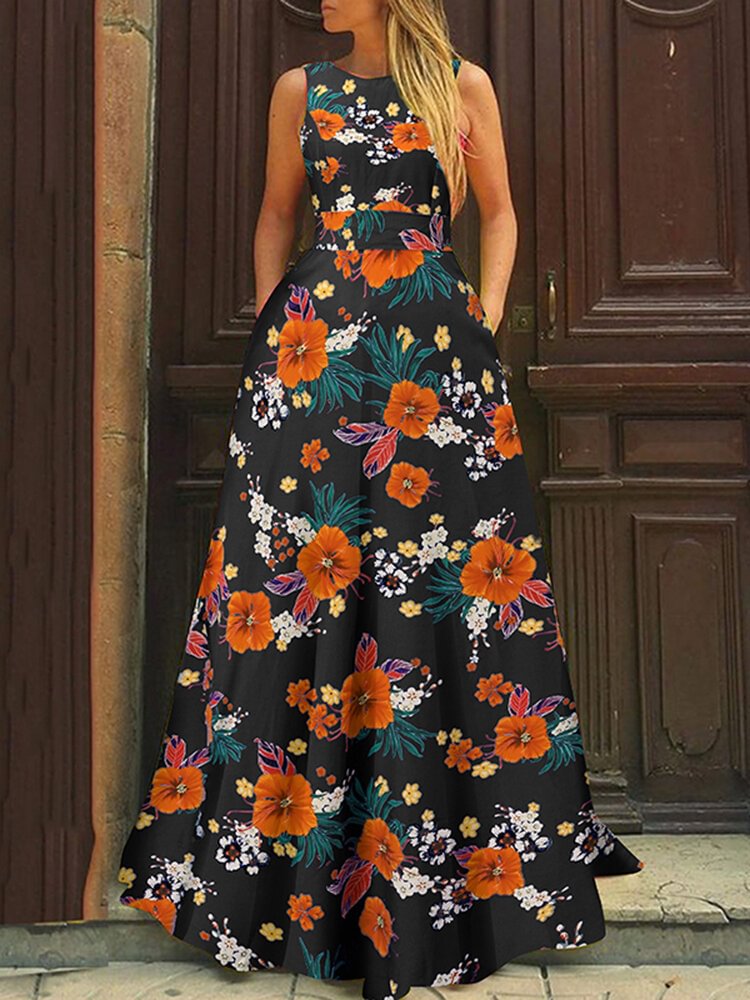 Flower Print A-line Pocket Sleeveless Swing Maxi Dress
