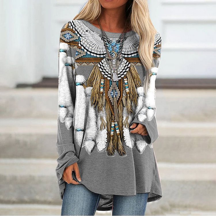 VChics Vintage Western Print Long Sleeve Casual Tunic