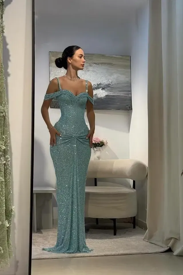 Lussooy Shining Mint Green Off the Shoulder Sheath Sequins Floor Length Prom Dress