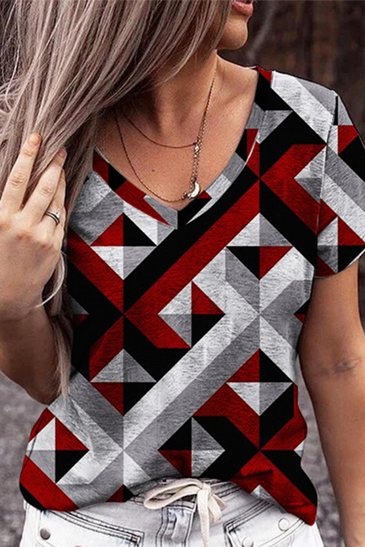 Casual Print Split Joint V Neck T-Shirts - Life is Beautiful for You - SheChoic