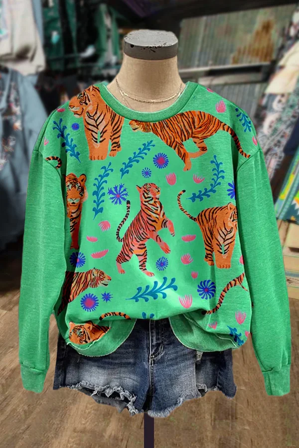 Wild Tiger Print Long Sleeve Crew Neck Sweatshirt