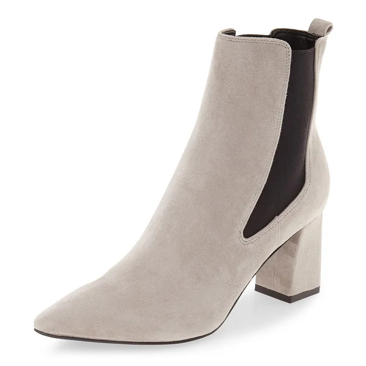 Light Grey Chelsea Boots Chunky Heel Pointy Toe Vegan Suede Shoes |FSJ Shoes