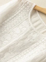 Embroidered Round Neck Half Sleeve Casual Linen Tee Top