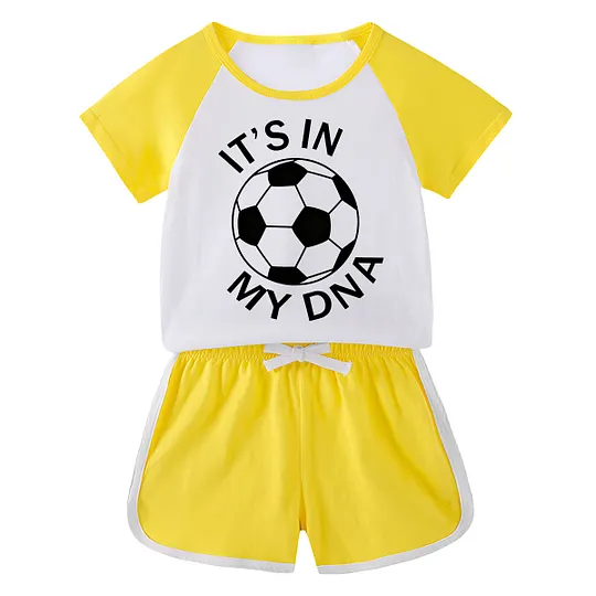 【18M-11Y】Toddler Soccer 'It's In My DNA' 2-Piece Outfit - Sporty Graphic Raglan Top & Shorts Set For Kids
