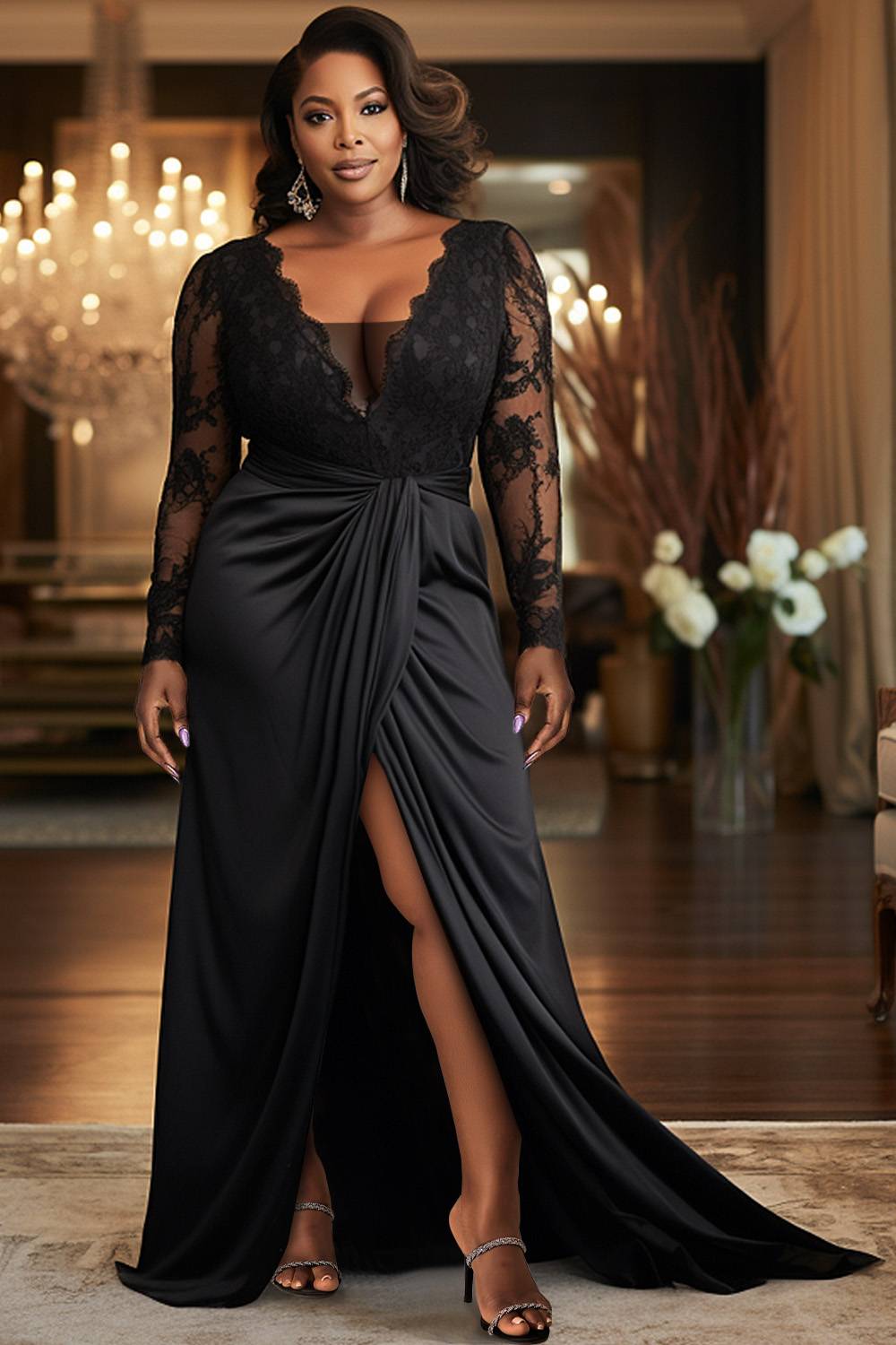 Xpluswear Design Plus Size Formal Satin Black V Neck Long Sleeve Split