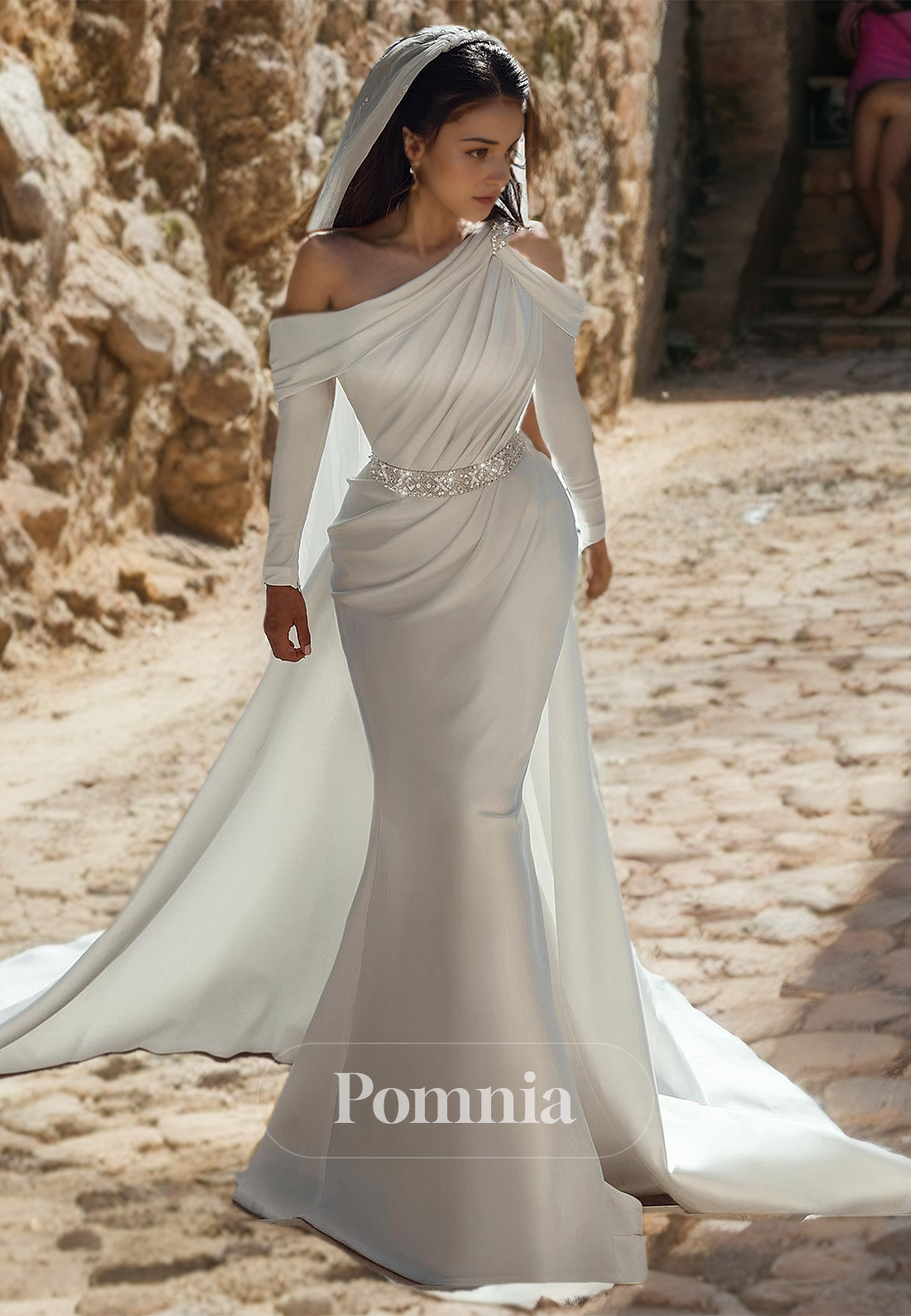 knee length dresses for ladies A-line One Shoulder Long Sleeve Sparkly Rustic Wedding Dresses Satin B –  SELINADRESS main image 1