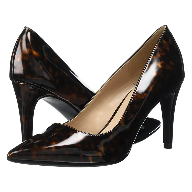Black & Brown Patent Leather Heels Pointed Toe Basic Pumps Shoes |FSJ Shoes