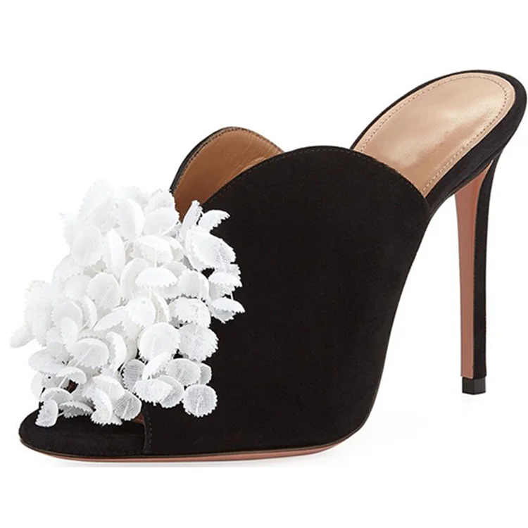 Black and White Flower Peep Toe Stiletto Mules Suede Vdcoo