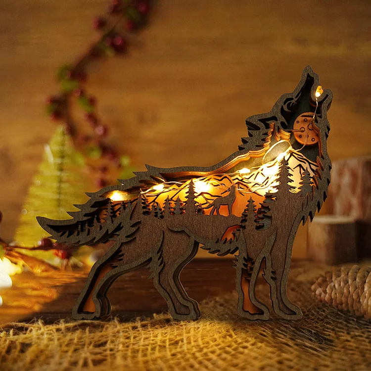 Wolf Totem Wooden Home Decoration 3D Carving Forest Animal Night Light