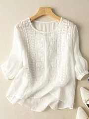 Embroidered Round Neck Half Sleeve Casual Linen Tee Top