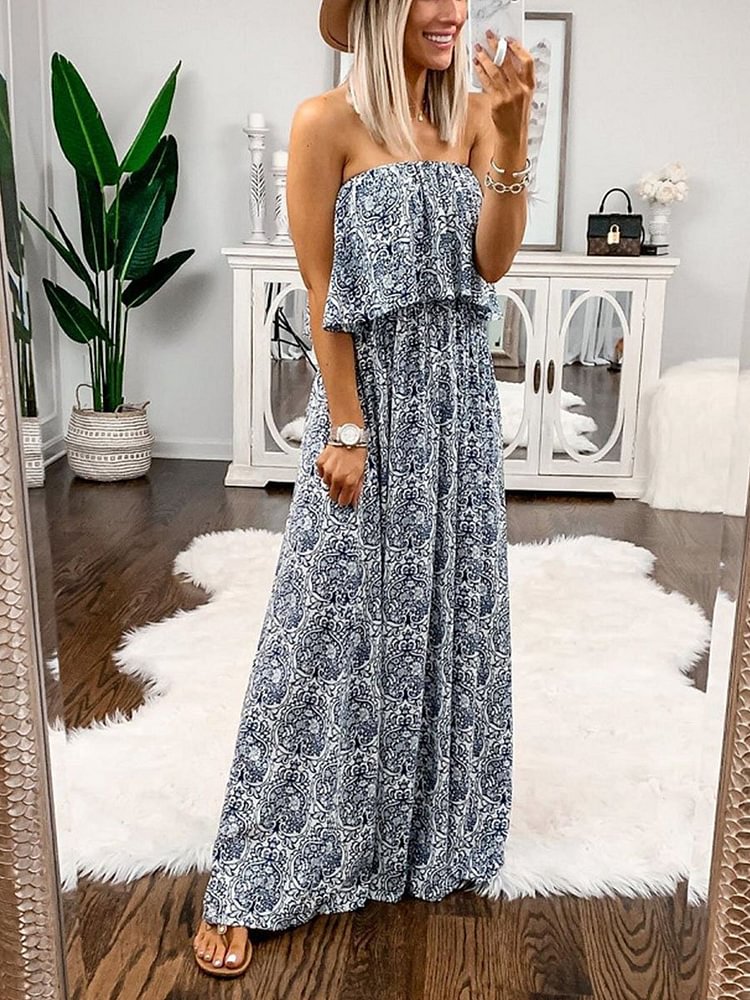 Off-the-shoulder One-neck Ruffled Floor Dress P13696