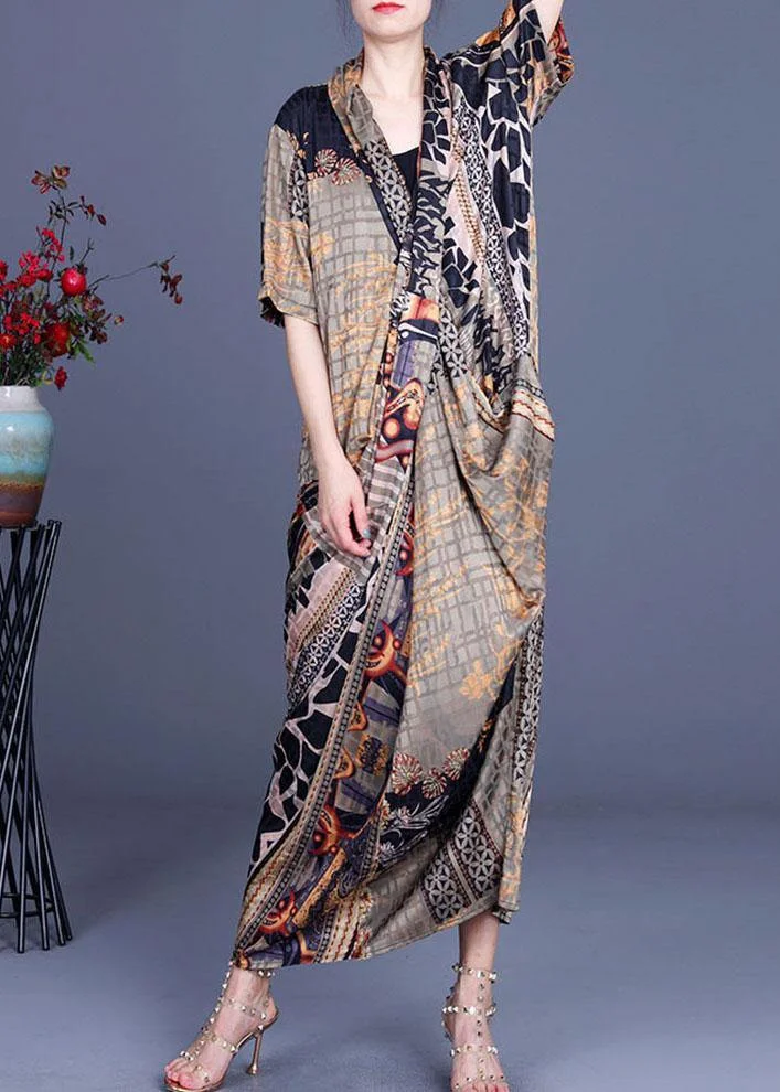 Boutique Khaki Print Overlapping Asymmetrical Design Chiffon Summer Maxi Dress