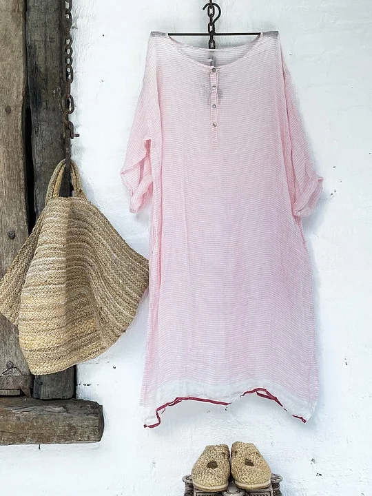 Womens Button Half Sleeve Linen Dress