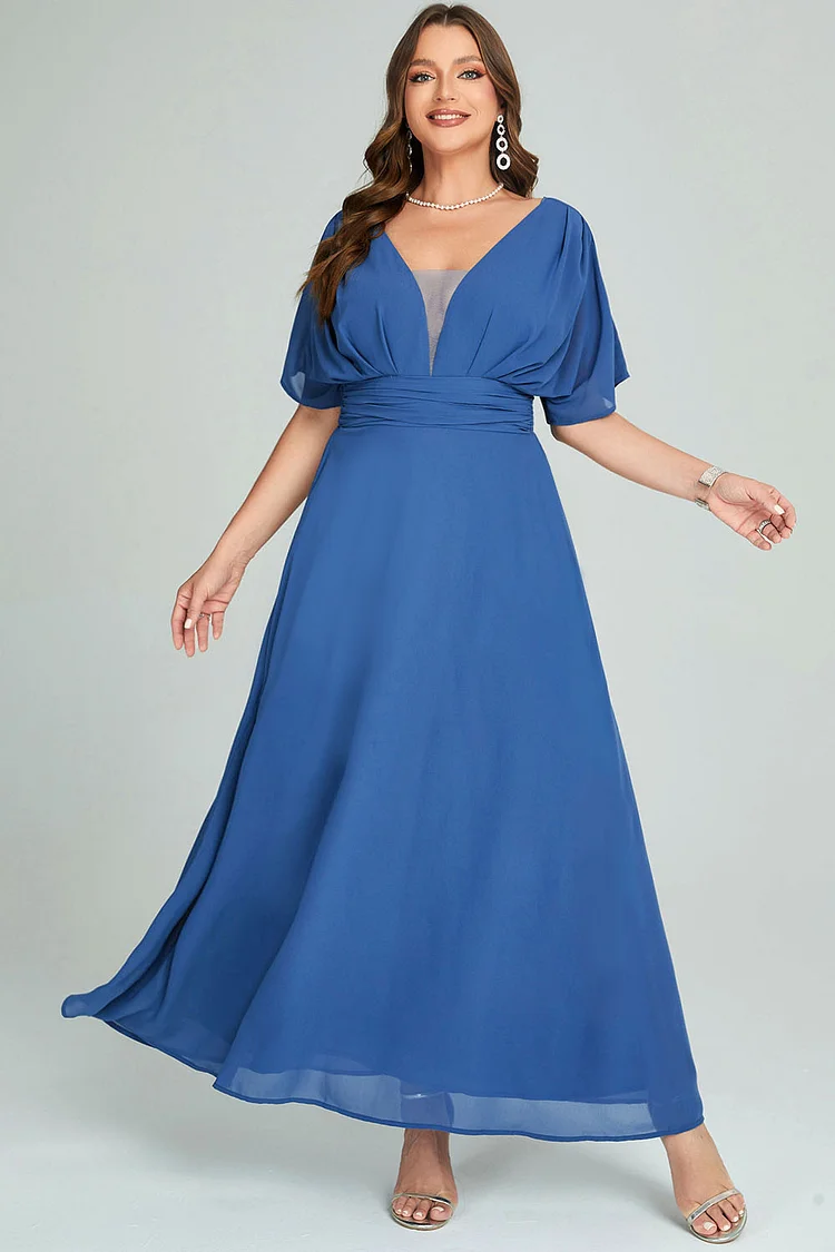 Flycurvy Plus Size Mother Of The Bride Blue Chiffon Ruffled Batwing Sleeve Tunic Maxi Dress