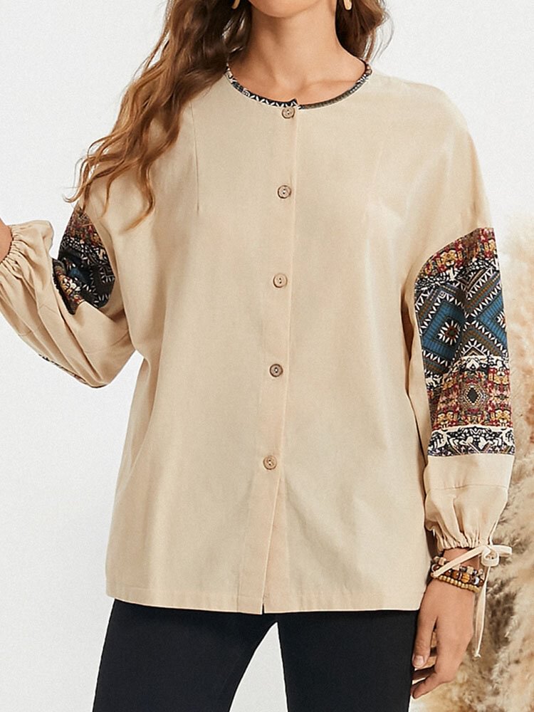 Tribal Pattern Pocket Button Drawstring Long Sleeve Jacket - BlackFridayBuys
