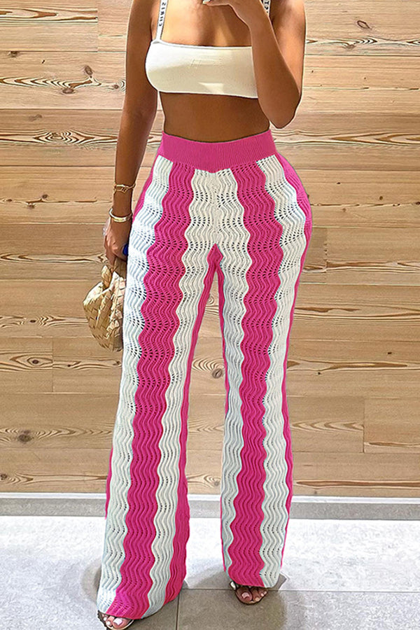 Fashionable Wavy Knitted High waisted Wide leg Pants