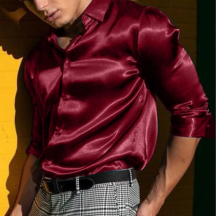 Men's Casual Solid Turndown Collar Single Breasted Long Sleeve Satin Shirt