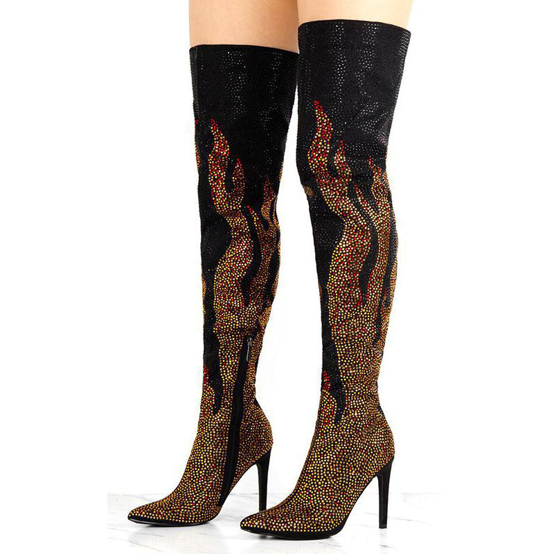 VCSHOES Black Rhinestone High Heel Thigh High Boots
