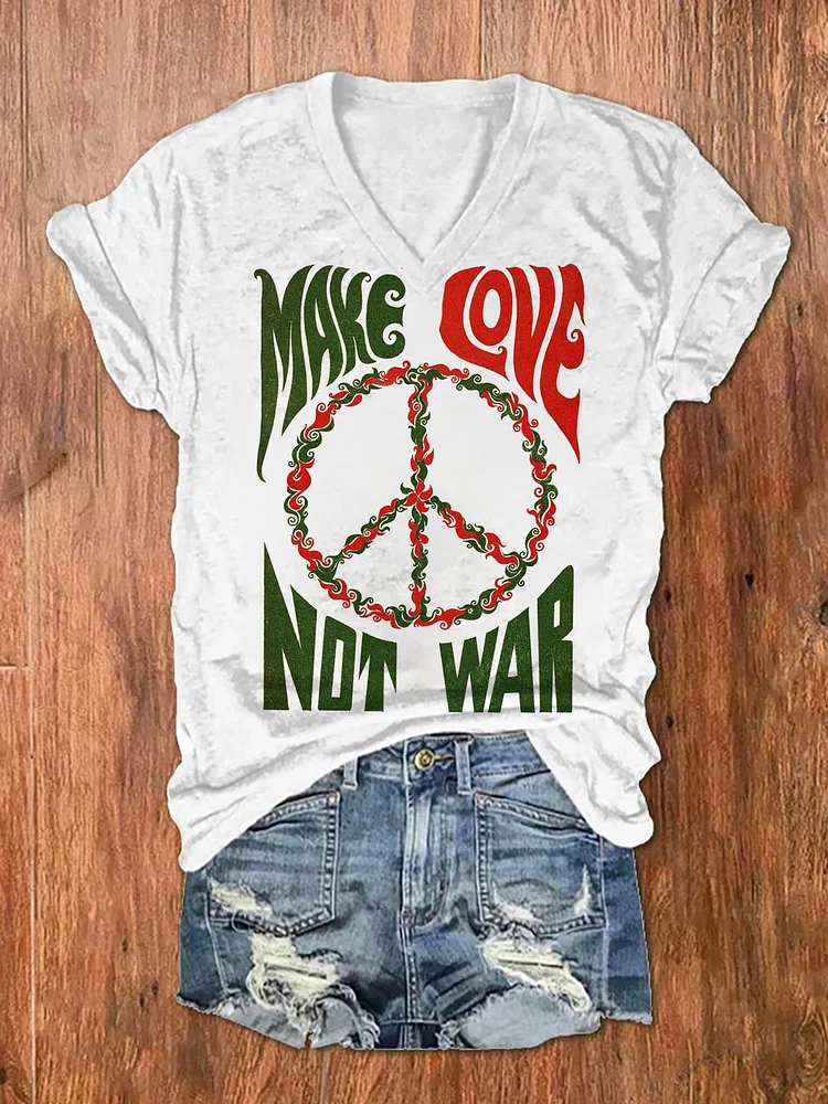 Women's V Neck Make Peace No War Print T-Shirt socialshop