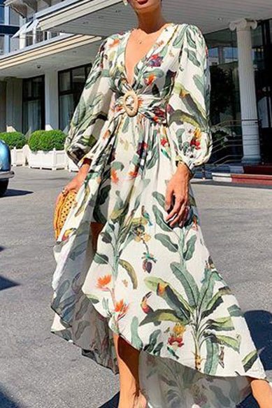 Floral Plunge V Neck Vacation Dress - BlackFridayBuys