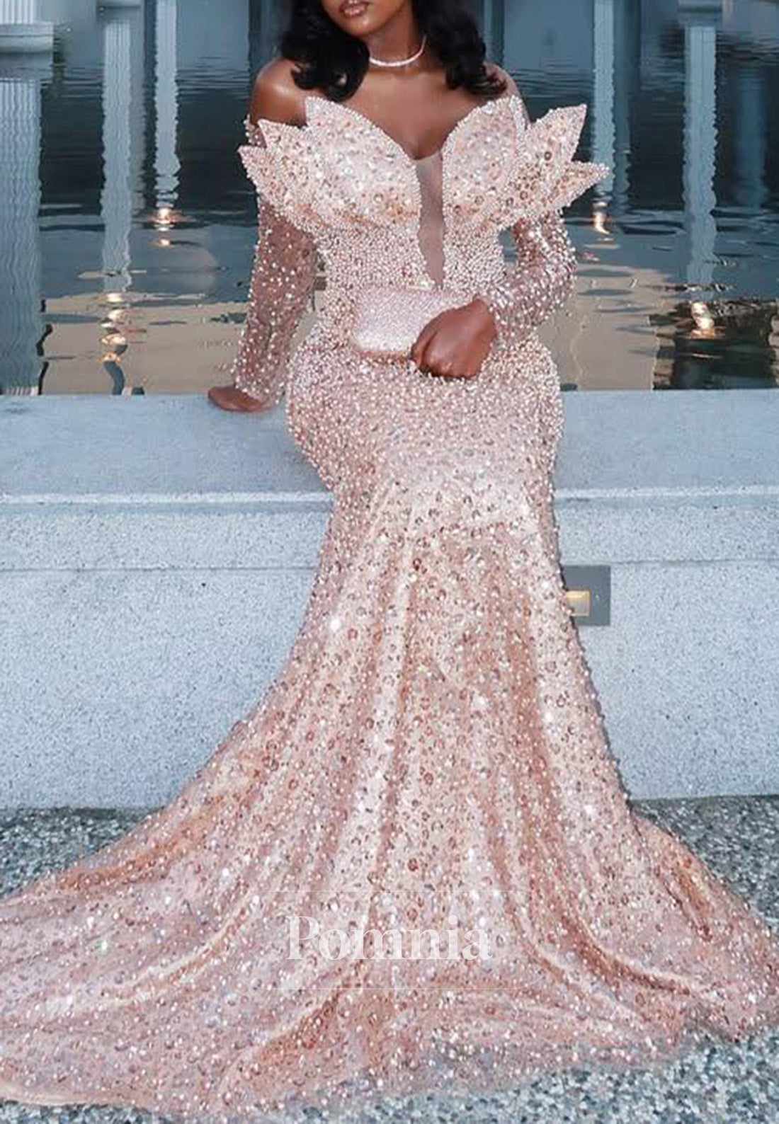 pink sequin sweetheart dress Blushing Pink Long Sleeves Sweetheart Sequins Prom Dress for Black Girl