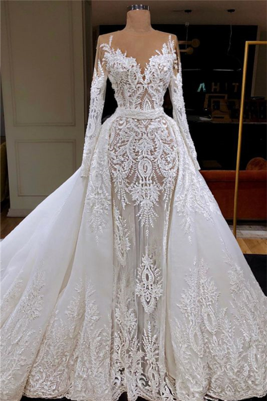 Dresseswow Long Sleeves Mermaid Lace Wedding Dress With Detachable Skirt