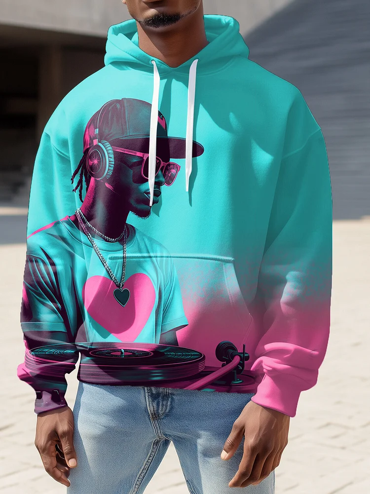 Men's Hip Hop Punk Black Print Hooded Sweatshirt