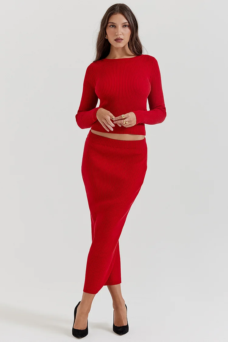 Pit Knit Long Sleeve Ribbon Back Crop Top Solid Midi Skirt Matching Set-Red