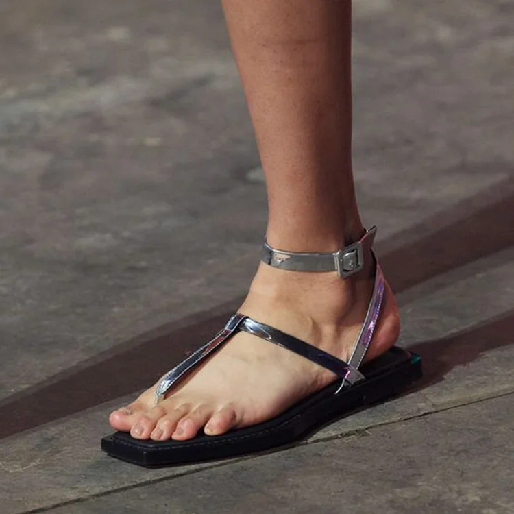 Silver & Black Square Toe Flats Women's Ankle Strap Slide Sandals |FSJ Shoes