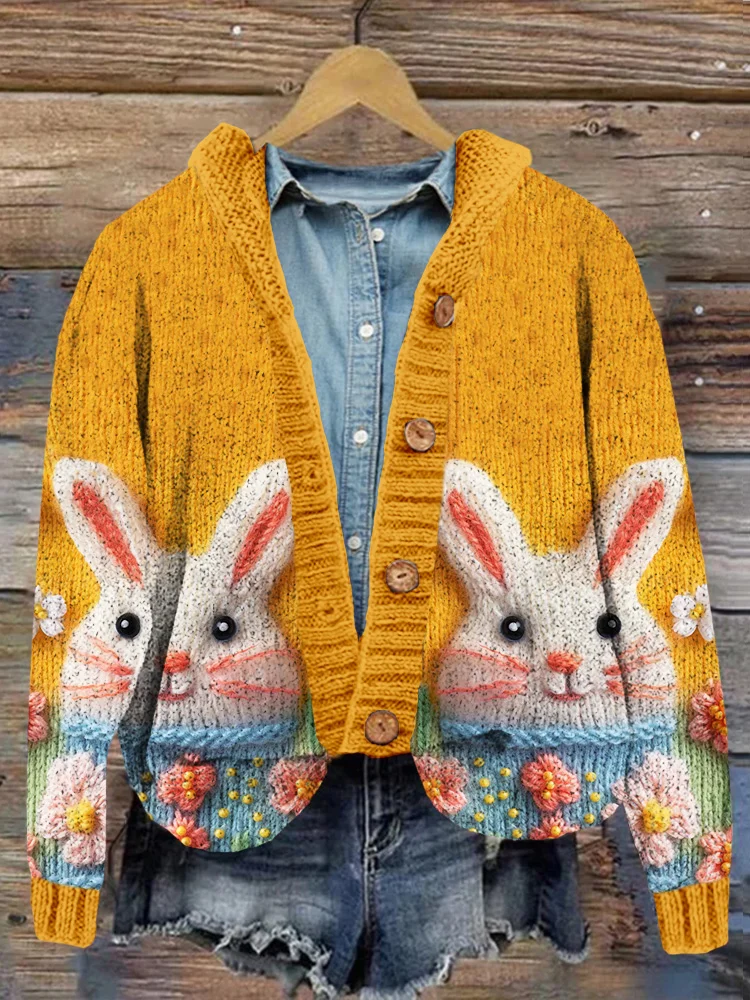 VChics Cute Floral Easter Bunny Knit Art Cozy Hooded Cardigan