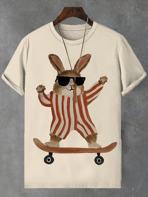 Men's Easter Rabbit Skateboard Graphic Print Cotton Casual T-Shirt