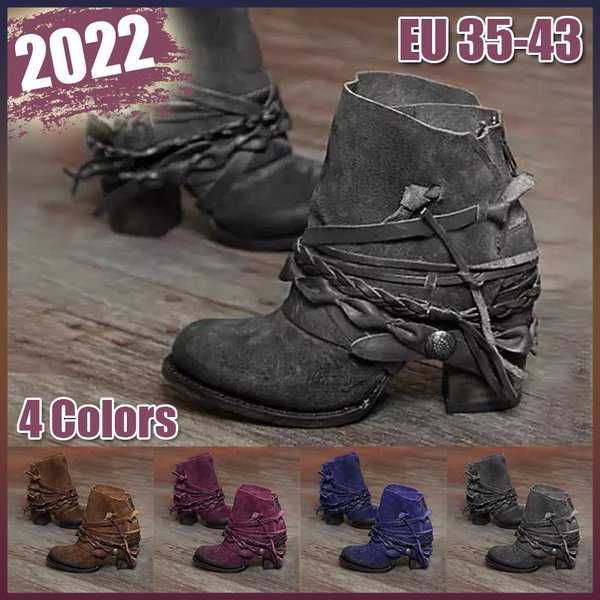 2022 Winter Fashion High Heel Round Toe Low Boots Women's Casual Small Thick Heel Short Boots Cowboy Boots - Shop Trendy Women's Clothing | LoverChic