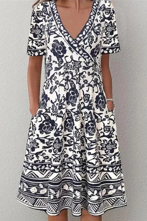Printed V-neck Short Sleeve Dress P14279