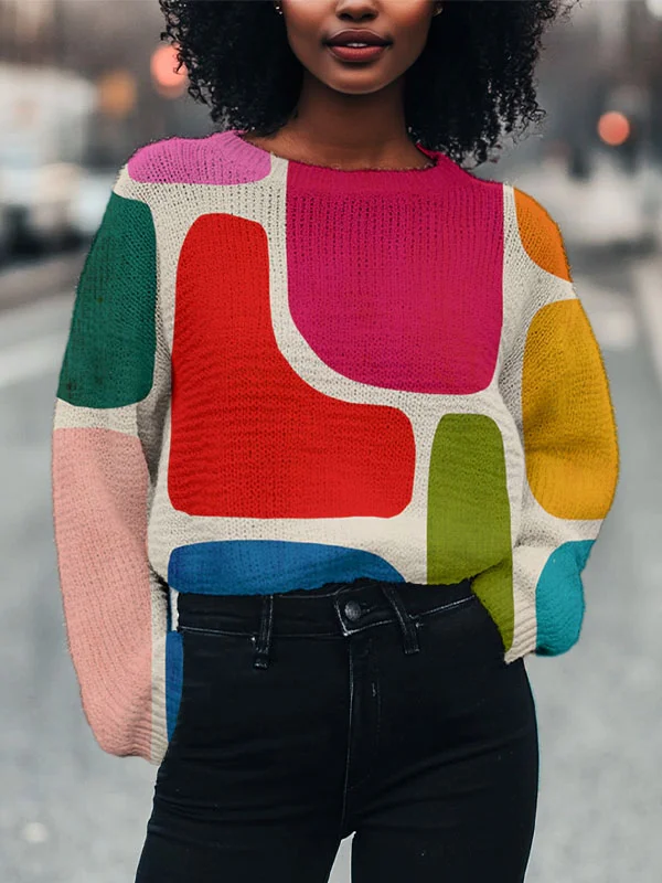 Women's Geometric Color Block Art Print Knit Sweatshirt