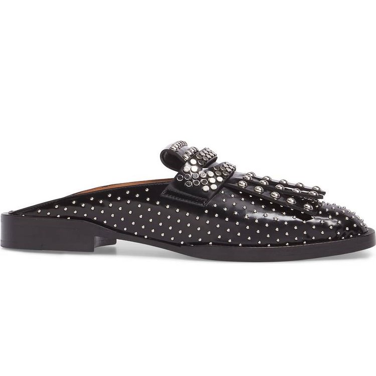 Black Loafer Mules Round Toe Studs Shoes Flat Fringe Loafers for Women |FSJ Shoes