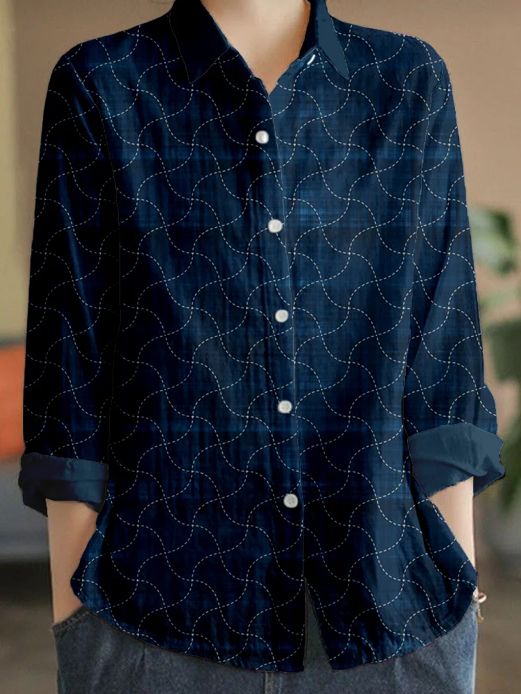 Comstylish Japanese Sashiko Geometric Art Linen Blend Blouse