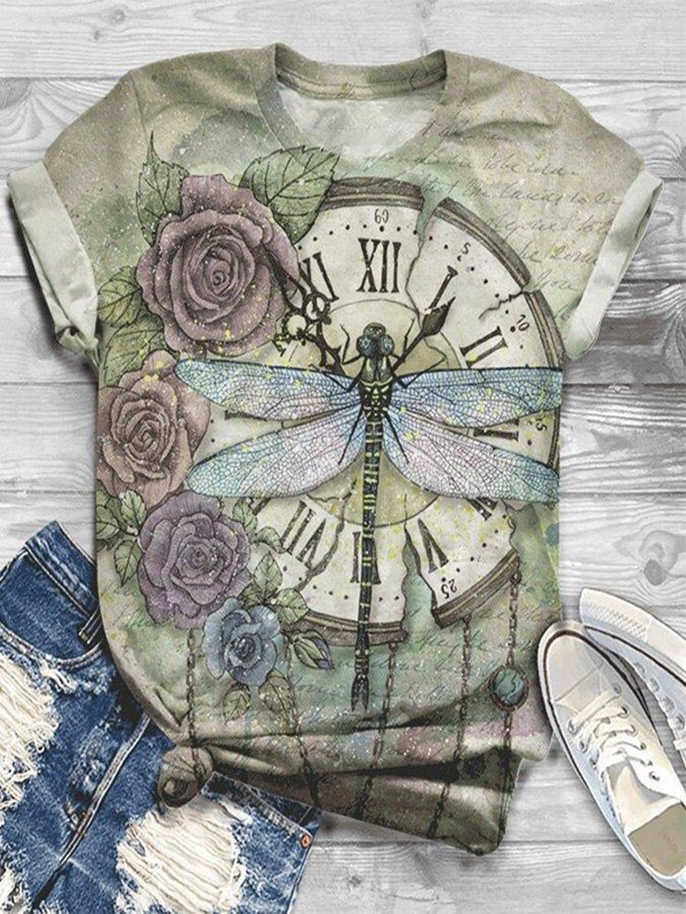 Dragonfly Clock Printed Short Sleeve T shirt For Women P1687493