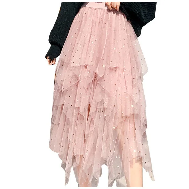Fairy Solid Color Star Sequins Irregular Hem Tulle Skirt