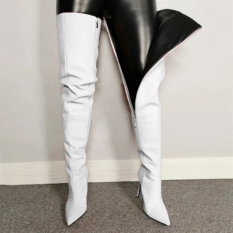 Pointed Toe Side Zipper PU Leather Long Boots-White