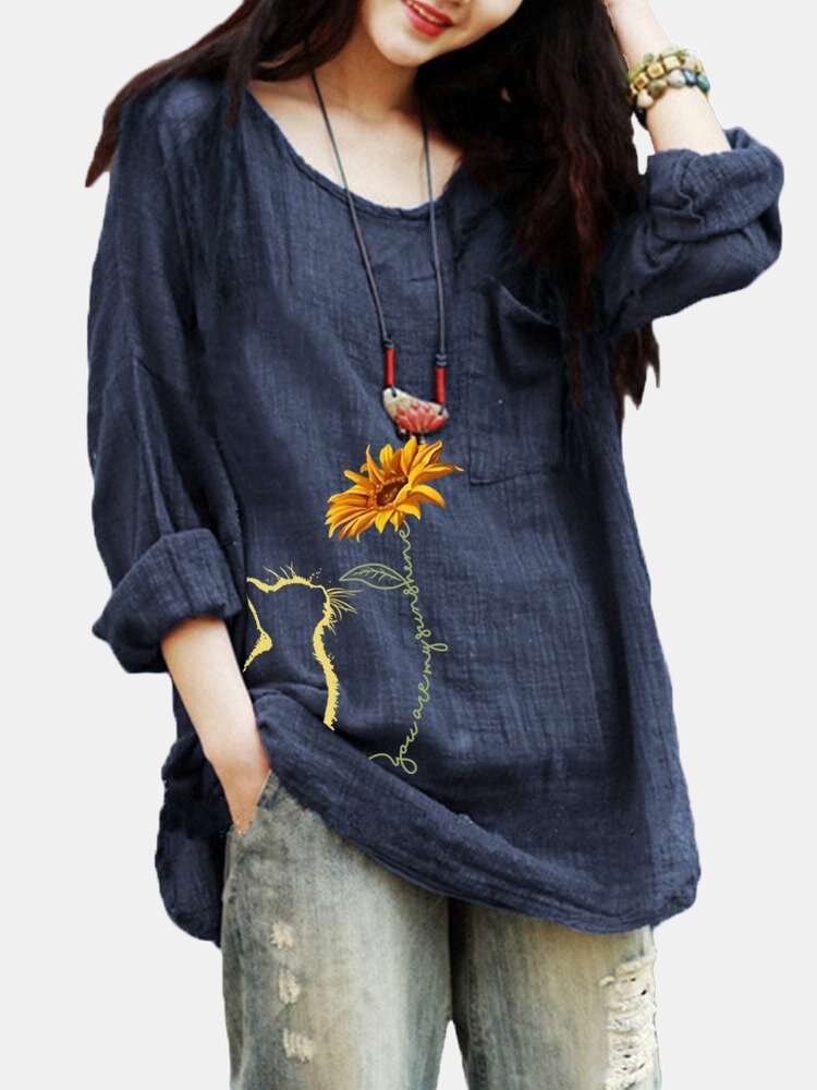 Cat Floral Printed O Neck Long Sleeve Blouse P1710342